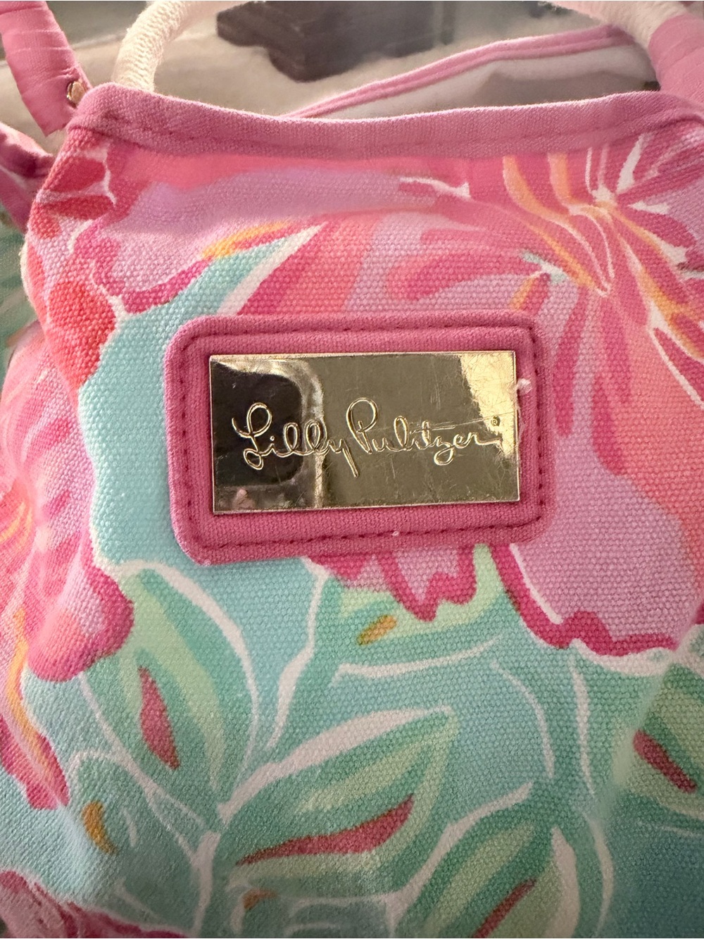 Lilly Pulitzer Floral Canvas Tote Bag | Beach Pool Travel Tote | Pink Aqua